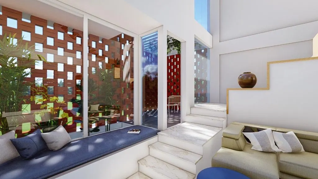This 3D render shows how a double-height living space can be transformed with a brick jali screen. The perforated wall filters natural light, creating dynamic patterns of light and shadow while ensuring privacy and connecting the indoors with a cozy sit-out area.