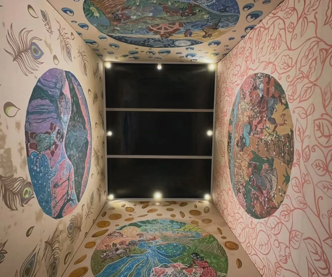 A view of "The Thinai Project," a large-scale commission I created. This immersive installation features four paintings on silk, reinterpreting classical Tamil poetry through a modern, feminist lens.