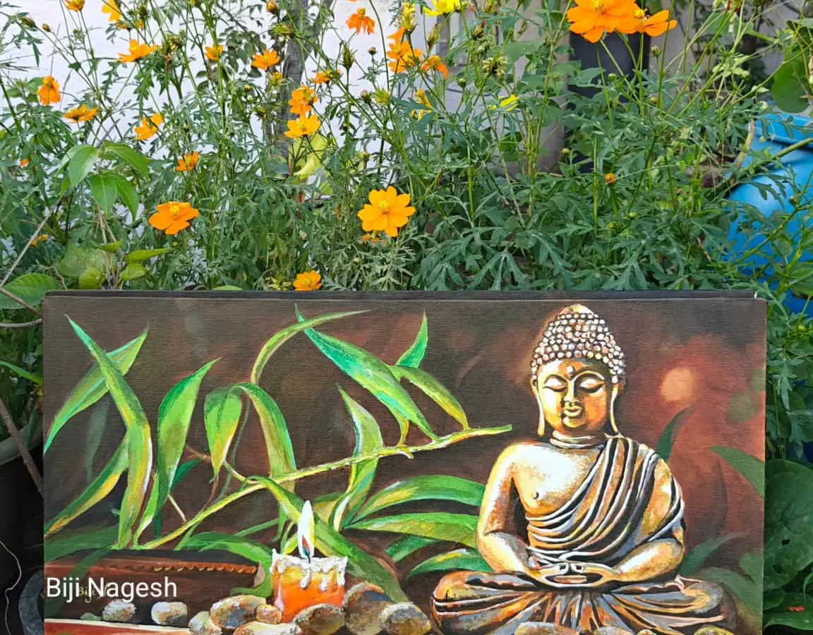 I find so much peace in painting Buddha, and this piece is special. I used a metallic finish that glows beautifully in candlelight, set against a backdrop of my own terrace garden flowers. It’s a piece of tranquility for your space.