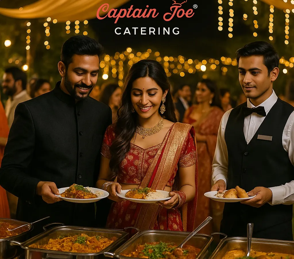 I believe wedding food should be as memorable as the ceremony itself. Here, you can see guests enjoying a lavish buffet at a beautifully lit evening wedding. My uniformed staff ensures seamless service, allowing everyone to savor the exquisite Indian cuisine and celebrate the special day.