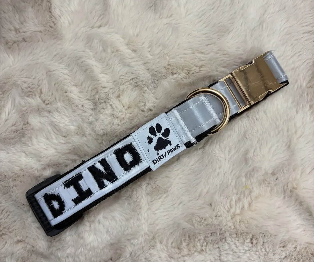 A close-up view of a custom reflective collar with the name "DINO" embroidered on it, resting on a soft, plush surface. I can personalize your pet's collar to make their safety stylish.