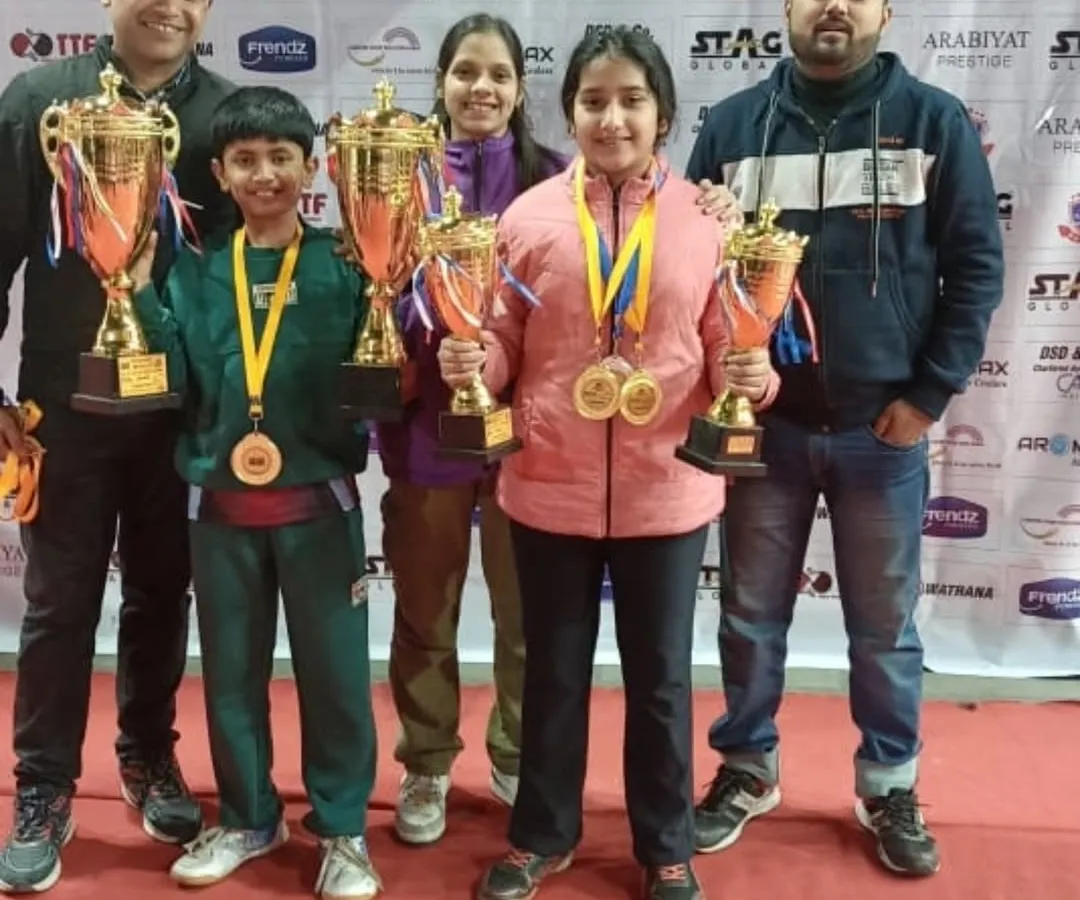 This is what victory looks like. Our players, Arunim and Akanksha, showcasing their impressive haul of trophies from the Delhi State Table Tennis Championship. We are incredibly proud of their achievements, which are a direct result of their relentless training and competitive spirit.