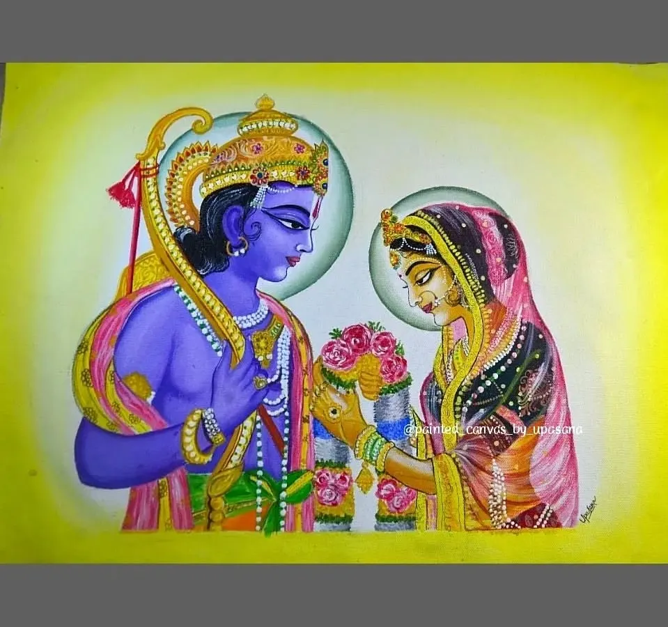 A detailed and vibrant acrylic painting of Ram and Sita during their wedding ceremony. This traditional artwork captures a sacred moment with intricate details on their attire and expressions.