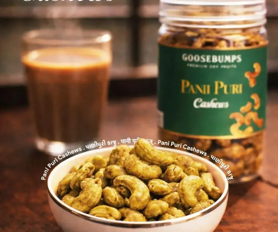 I've captured the tangy, spicy flavour of street-side pani puri in these roasted cashews. This is one of my favourite chaat-inspired nuts, served here in a simple bowl, ready to be enjoyed with a hot cup of chai.