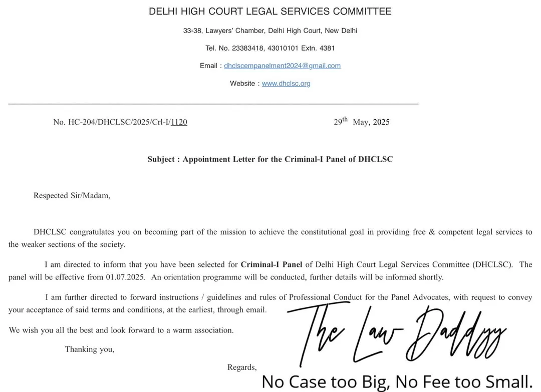 This appointment to the Criminal Panel-I of the Delhi High Court Legal Services Committee was a significant milestone. It represents years of dedication and qualifies me to handle the most serious criminal cases, an experience I share with my mentees.