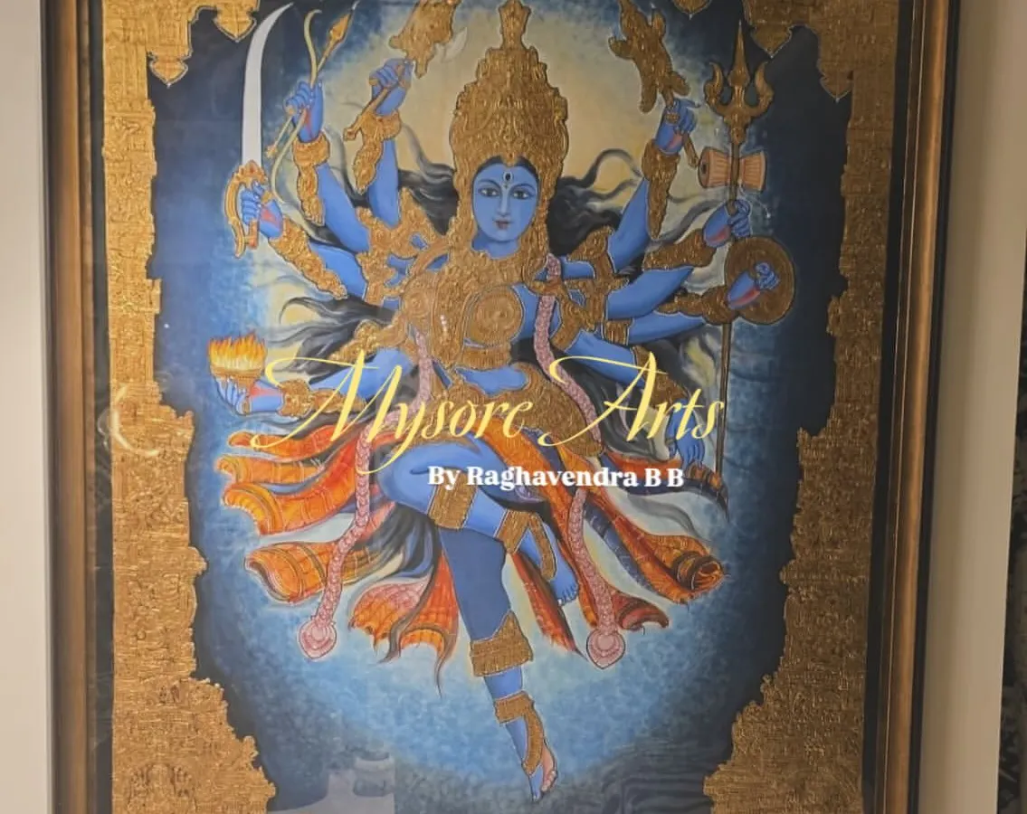The fierce and powerful Goddess Kali, captured in a dynamic pose. This custom piece, created for a client in Mumbai, uses a bold color palette and extensive gold work to convey her divine energy, making it a striking addition to any space.