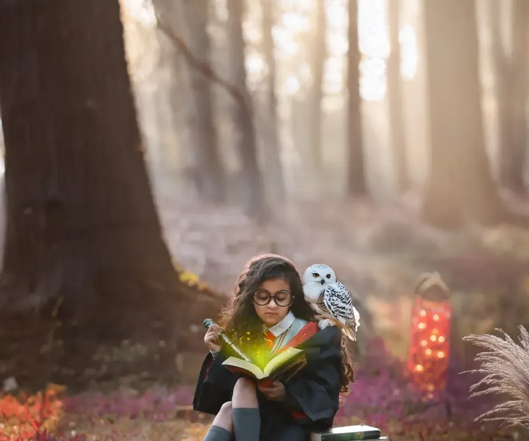 With a little imagination and my background in visual effects, we can create pure magic. This Harry Potter themed shoot was about bringing a little girl's favorite story to life, complete with an owl companion and an enchanted forest.