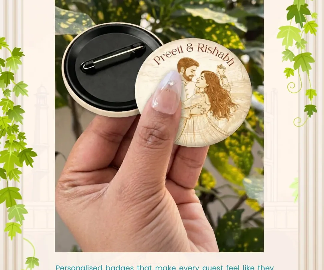 Your wedding squad deserves to feel special too. We create these fun, personalized badges with custom caricatures and text, perfect for 'Team Bride' and 'Team Groom' to wear with pride.