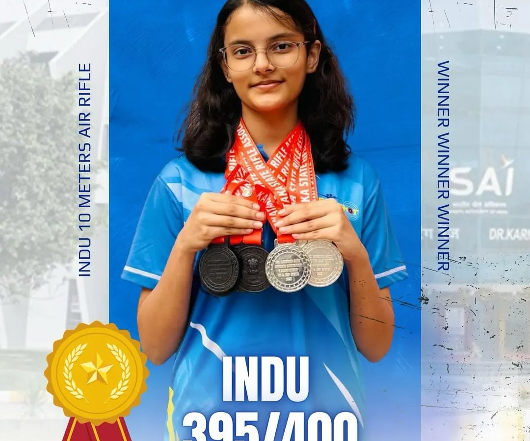 We are incredibly proud of our students' achievements. Here is Indu, celebrating her exceptional score of 395/400 in the 10M Air Rifle event at the Karnataka State Shooting Competition. Results like these are a testament to her hard work and our dedicated coaching.