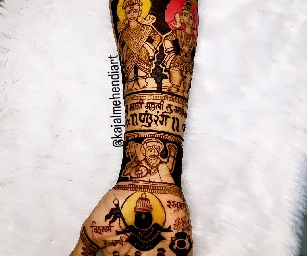 For me, mehndi is a way to tell stories. This design brings the divine love of Vithhal and Rukmini to life, complete with the Pandharpur wari procession, making it a piece of wearable art for a devout client.