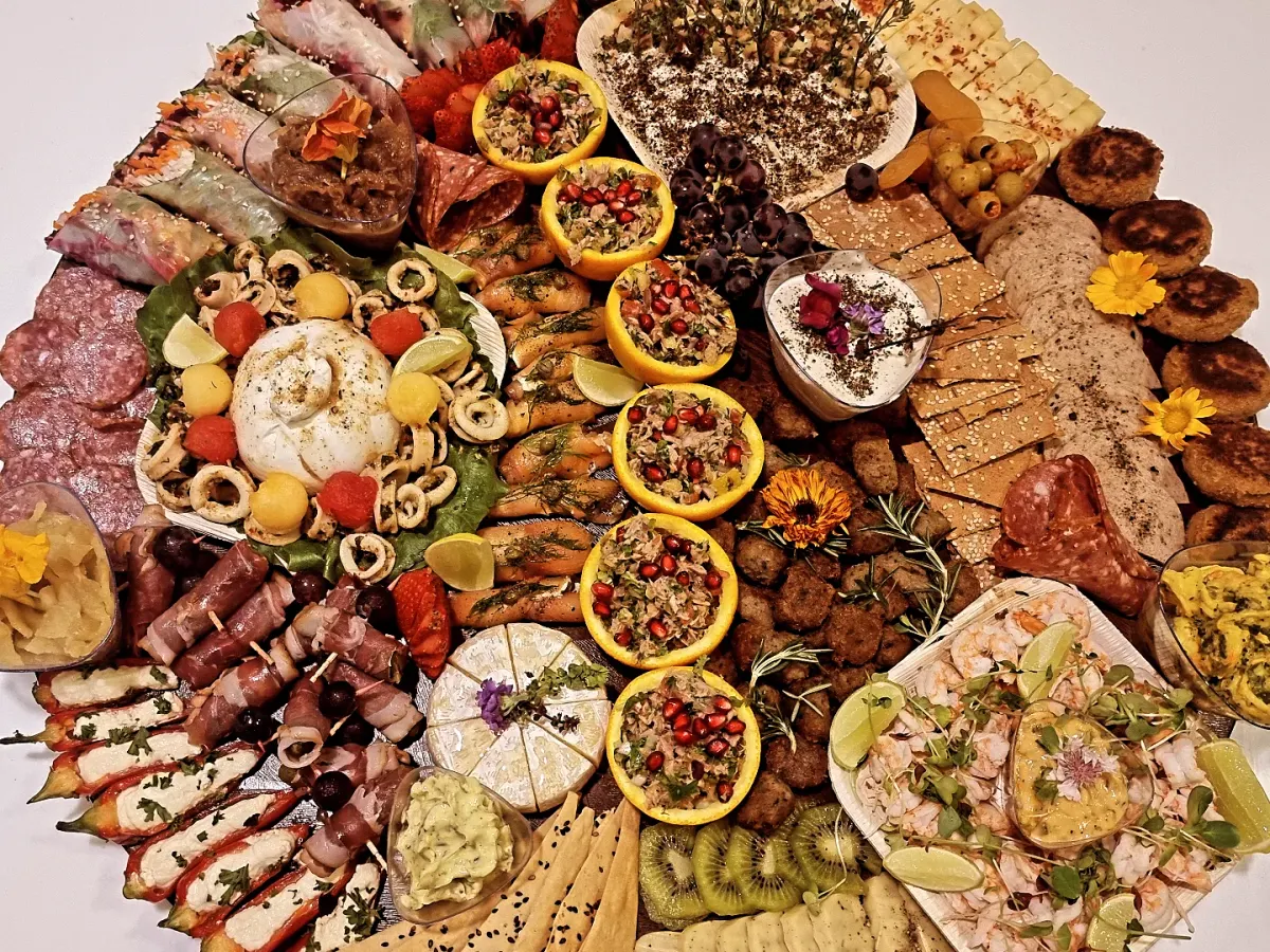 Seafood and meats share this round platter, which we customised for a client who wanted a little of both.