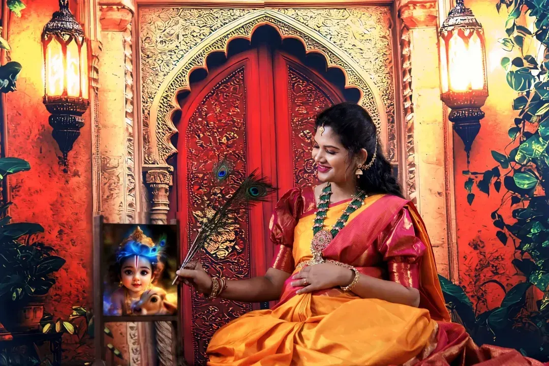 A maternity photoshoot celebrating tradition and anticipation. This Krishna-themed setup in my Yelahanka studio is perfect for a culturally rich pregnancy announcement.