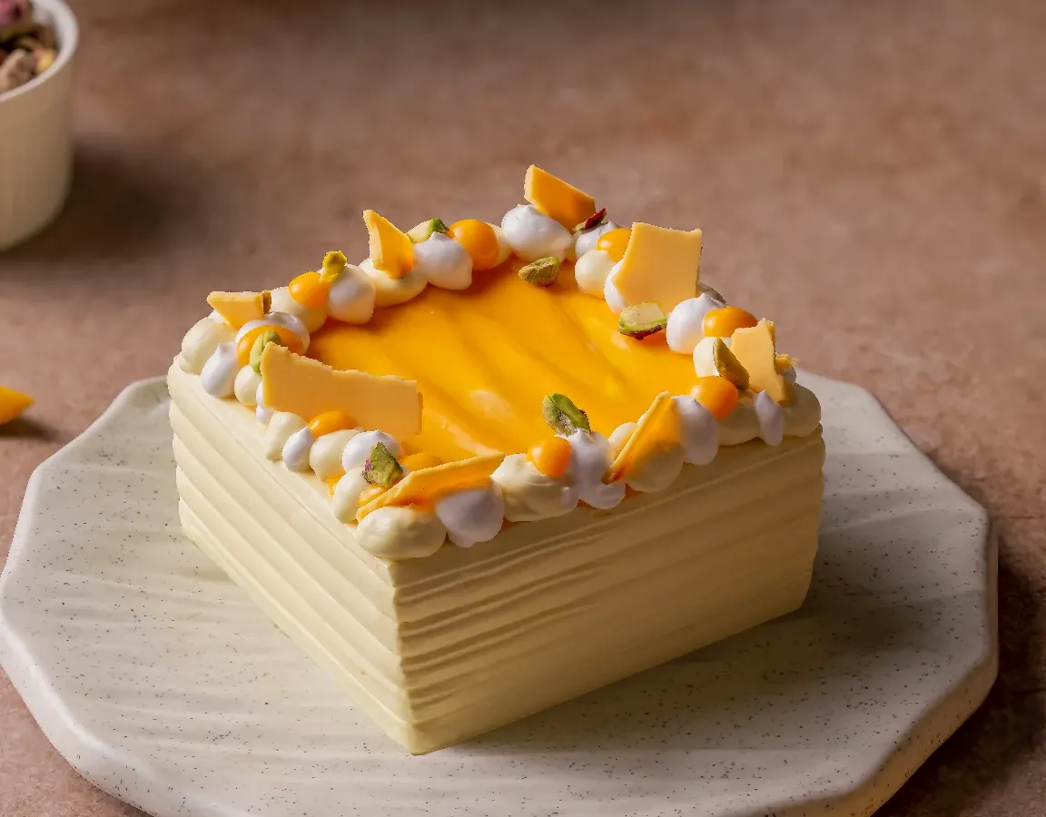 This is my Mango No Added Sugar Bento Cake. It's not only gluten-free but is sweetened naturally with real Alphonso mangoes, so you get a truly clean, fruity flavour in every bite. It's a perfect guilt-free treat for one or two people.