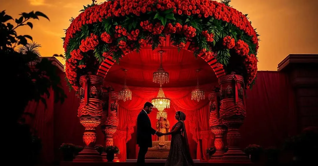 A truly romantic moment captured under a magnificent mandap we designed. The structure is enveloped in thousands of red roses, with crystal chandeliers adding a warm glow, creating a dramatic and opulent setting for the couple's special ceremony.
