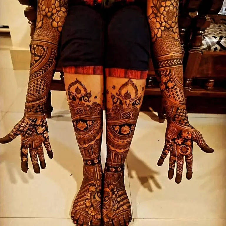 For the complete bridal look, I design intricate patterns that flow from your hands to your feet. This full bridal mehndi set ensures you look perfect from every angle on your big day.
