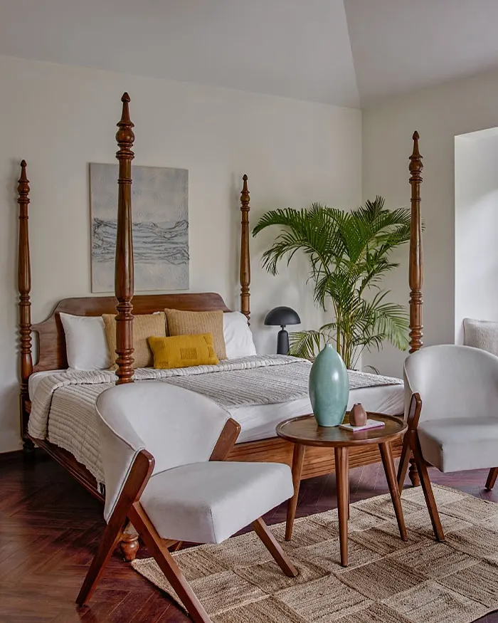 A classic four-poster bed in solid teak, handcrafted for a luxury hotel suite in Alibag. This piece demonstrates my ability to create grand, colonial-style furniture that acts as a stunning centerpiece for any high-end guest room.