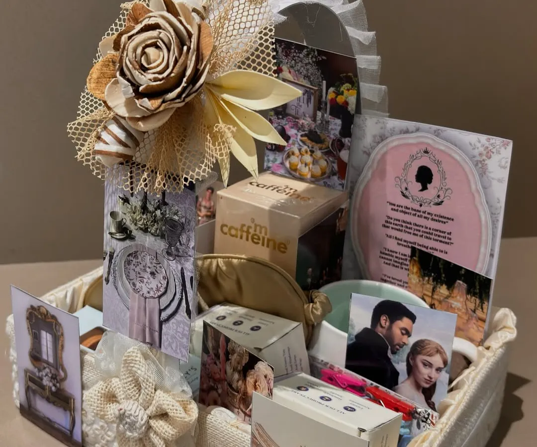 A hamper for a true Bridgerton fan. I loved bringing this regency-era theme to life with vintage-style details, elegant packaging, and curated items that transport you right into the show.