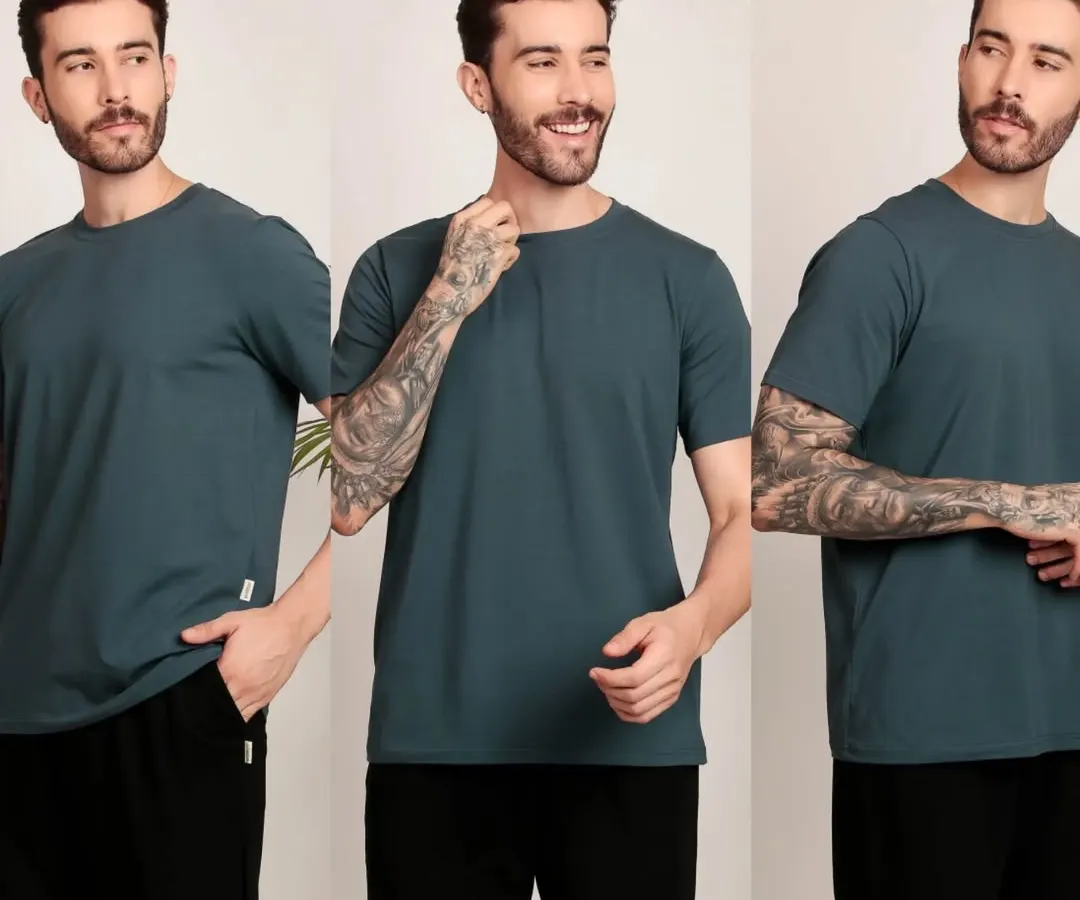 A catalogue-style collage for a men's apparel brand, showcasing a basic t-shirt from multiple angles. This format helps customers visualize the fit and style, which is crucial for online sales.