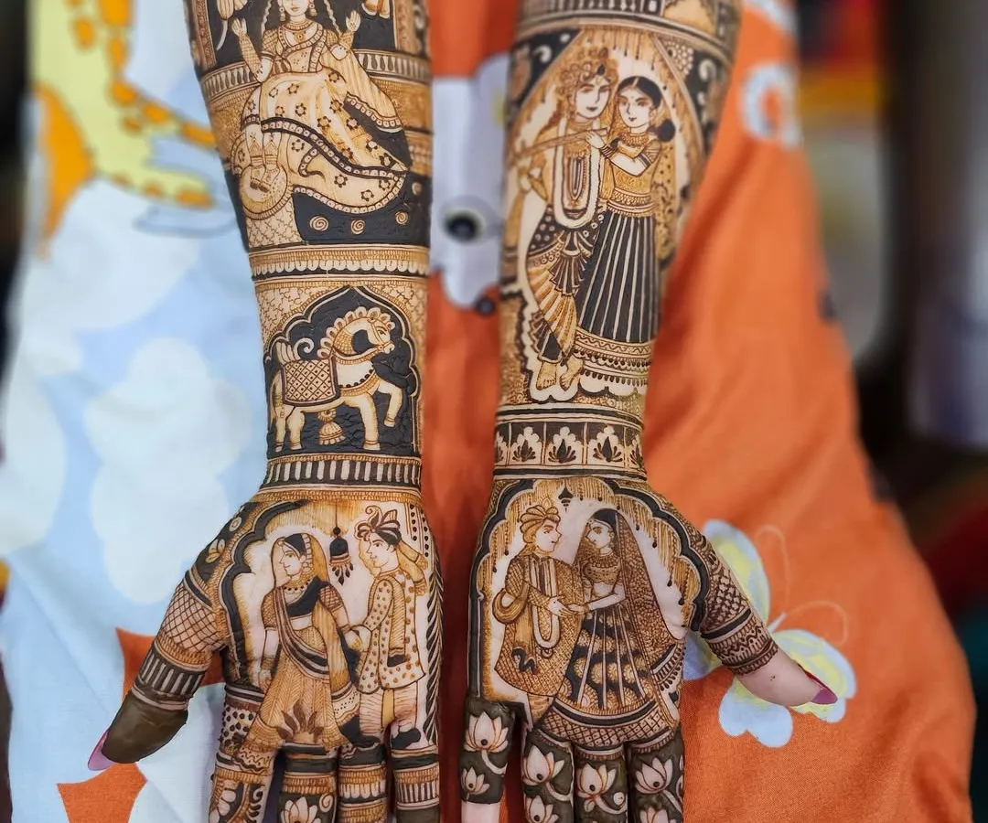 This is a full bridal storytelling design, with each arm telling a different part of the couple's journey. It includes multiple scenes, from the bride getting ready to the couple together, all drawn with natural henna.