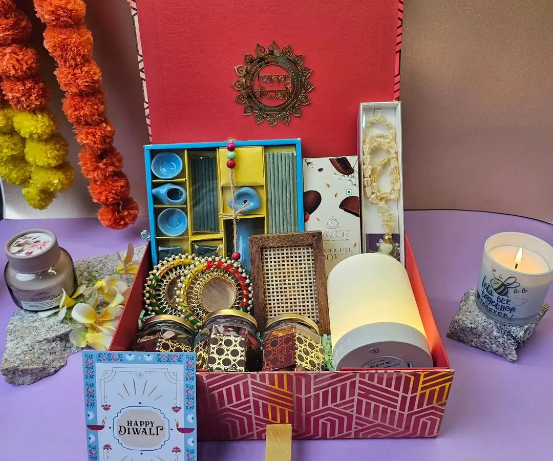 I love putting together vibrant festive hampers like this one for Diwali. This premium box includes a mix of traditional items, gourmet treats, and decorative pieces, all curated to fit the client's theme and budget.