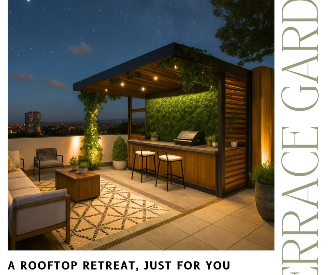 We design spaces that come alive at night. This rooftop retreat features a custom-built bar and seating area under a pergola with integrated string lights, creating the perfect ambiance for evening entertaining and relaxation.