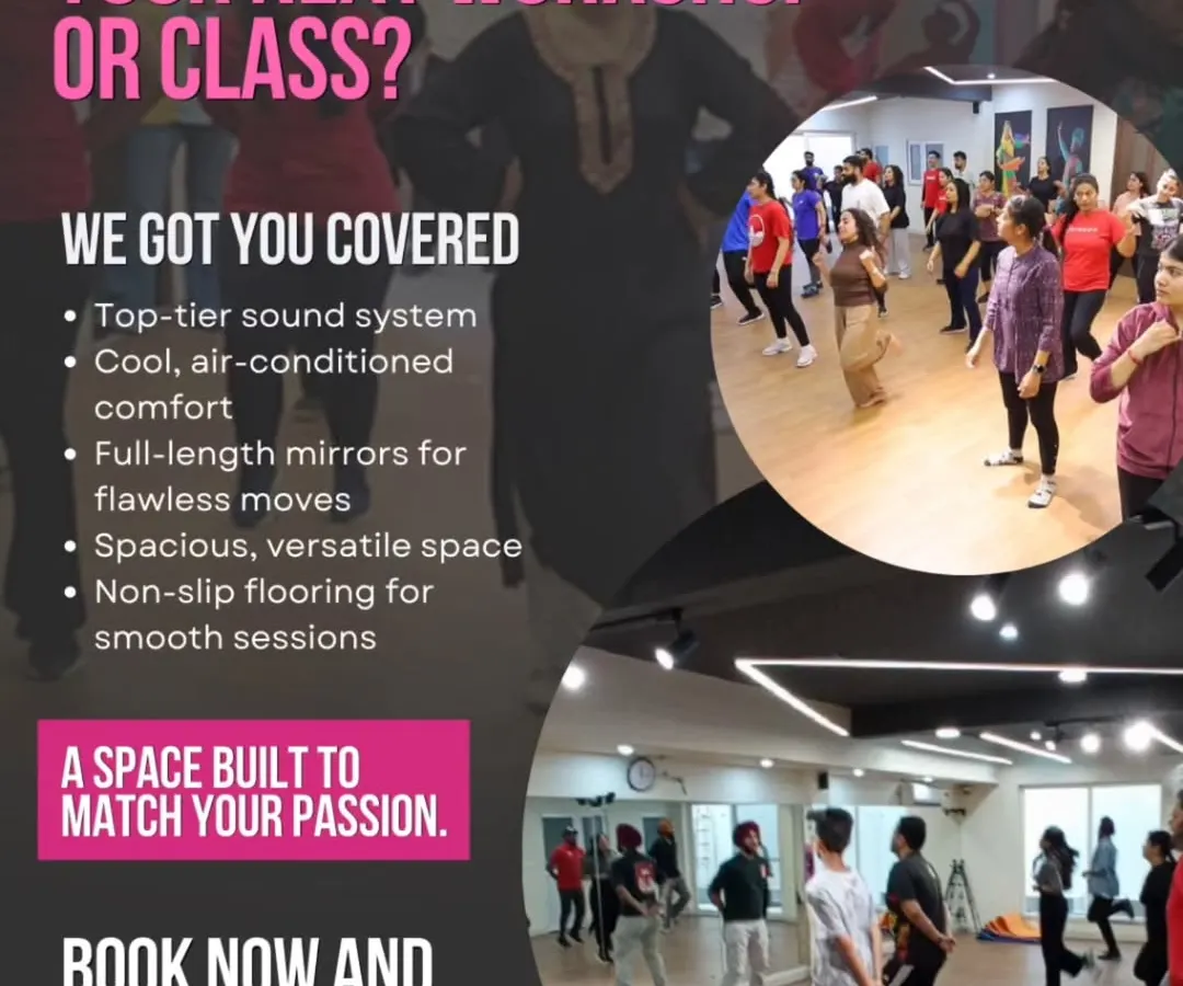 Need a space for your next class, workshop, or content shoot? We've got you covered. Our fully-equipped, air-conditioned studio in Gurgaon has a top-tier sound system, full-length mirrors, and non-slip flooring, all ready for you to book.
