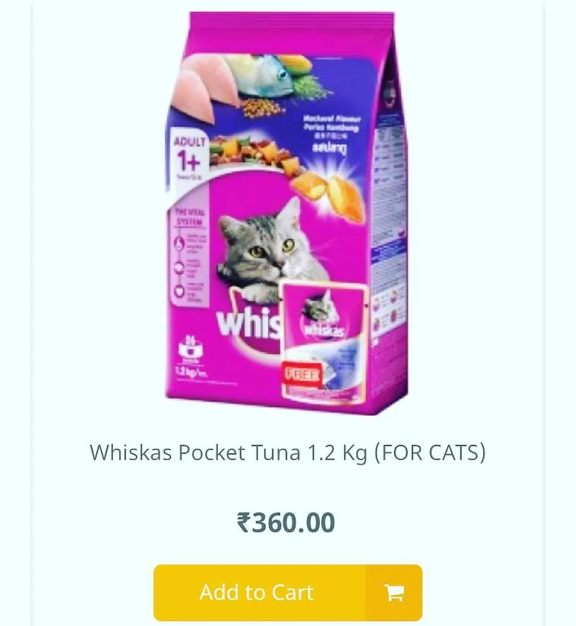 I also have a complete range of supplies for cat owners. This Whiskas dry food with tuna is a favorite for adult cats, providing a balanced diet to keep them healthy and active. Just add it to your cart for easy home delivery.