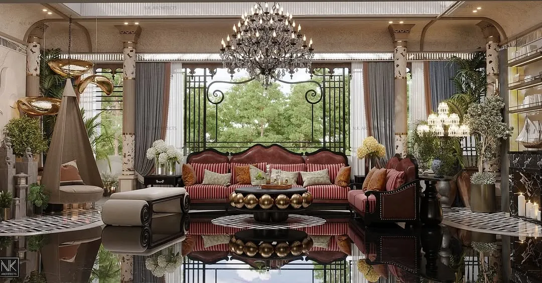 We believe in maximalist design that tells a story. This living room is a celebration of opulence, with a Roman-inspired skylight, rich layered decor, and intricate inlay flooring that makes the space feel grand and timeless.