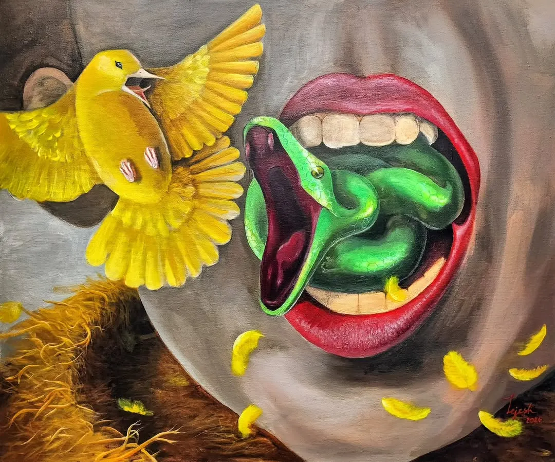 Titled 'Ambivalent', this painting is a self portrait of my own internal duality. I am both the nurturer who builds a nest of comfort and the inner danger, the snake, that threatens to destroy it. It is a reflection on the protector and the destroyer within us all.