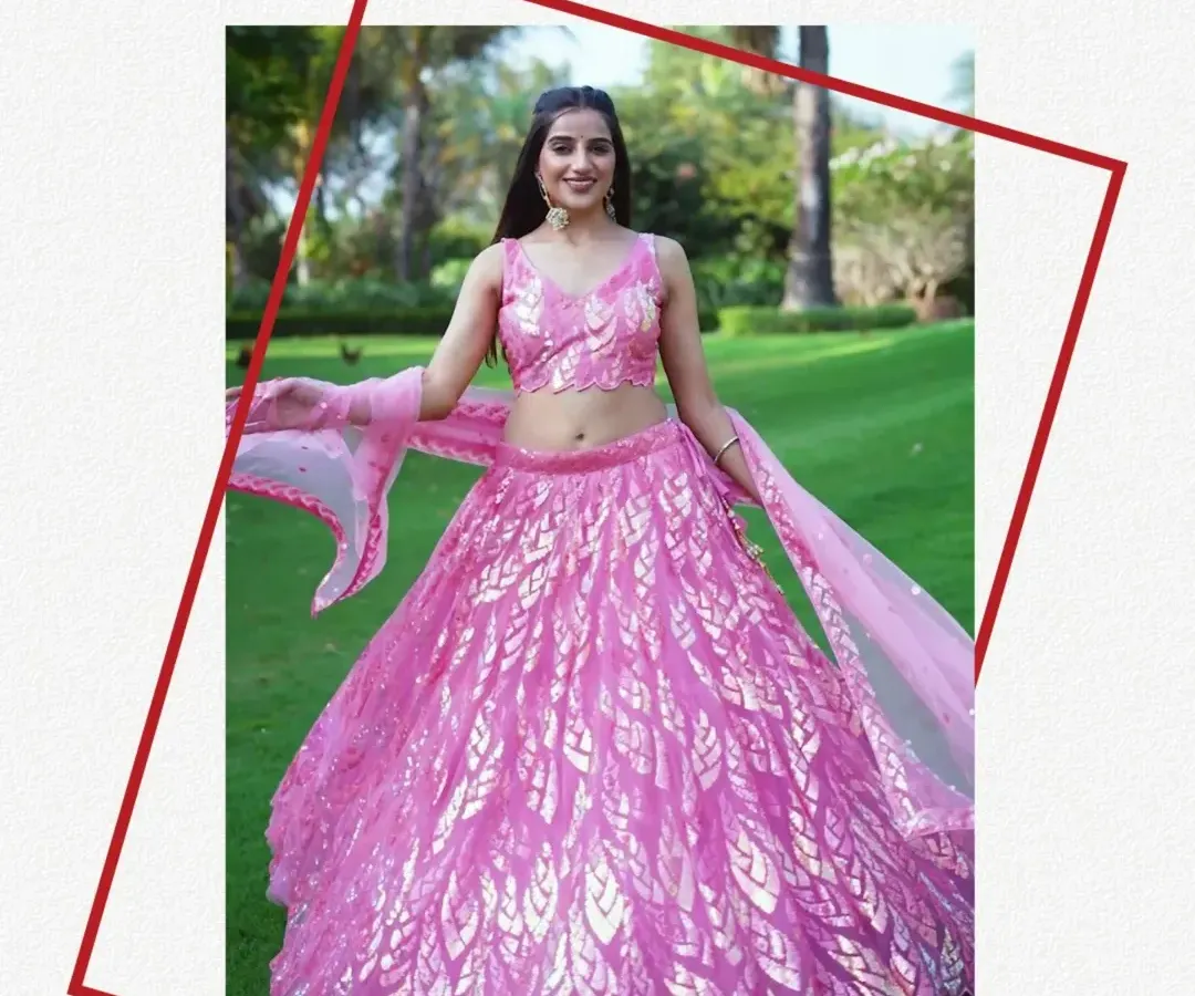 This blush pink lehenga is a whole mood. I designed it to be light, graceful, and full of shimmering sequins so you can twirl effortlessly and feel like the main character. It’s perfect for sangeet nights or a daytime wedding.