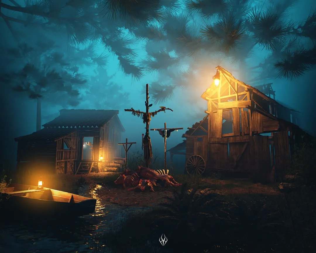 I built this entire scene in Unreal Engine 5 to tell a story in a single frame. The goal was to create a thick, foreboding atmosphere using fog, dramatic lighting from the shacks and boat lantern, and unsettling details like the ritualistic totems and the carcass on the shore. This is the kind of immersive, cinematic world I can create for your project.