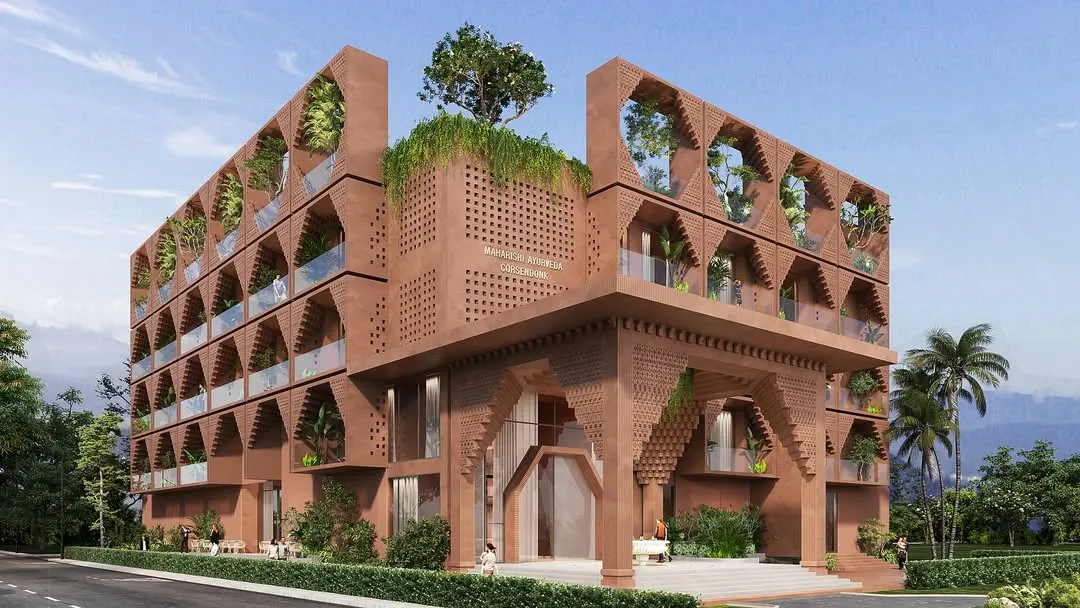 For this wellness retreat in Tirupati, we designed a facade that honors the sacred soul of the city. The architecture features seven steps for the seven hills and incorporates divine motifs from Lord Sri Venkateswara, blending spiritual symbolism with modern, sustainable design.