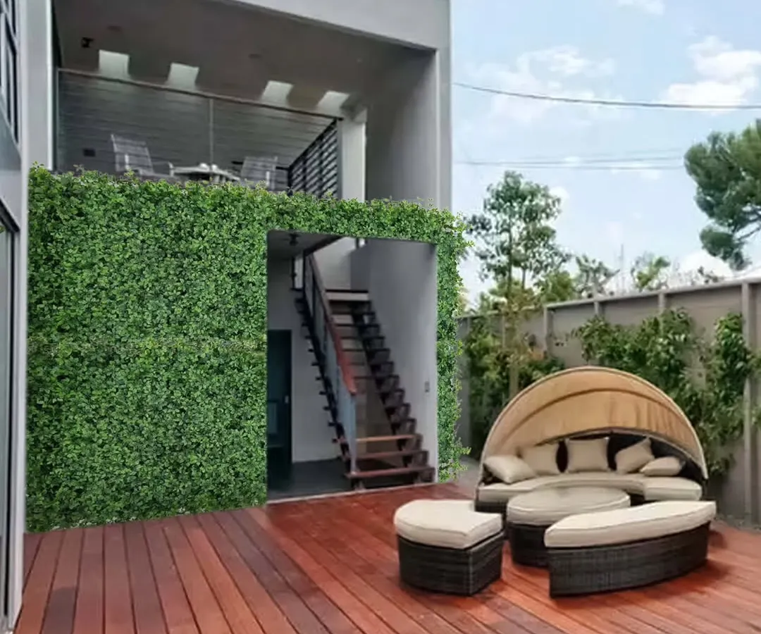 I love mixing materials to create a modern look. Here, I used a lush vertical garden wall to contrast with the warm wooden deck, creating a stylish outdoor lounge area. This is a great way to add greenery without losing floor space.