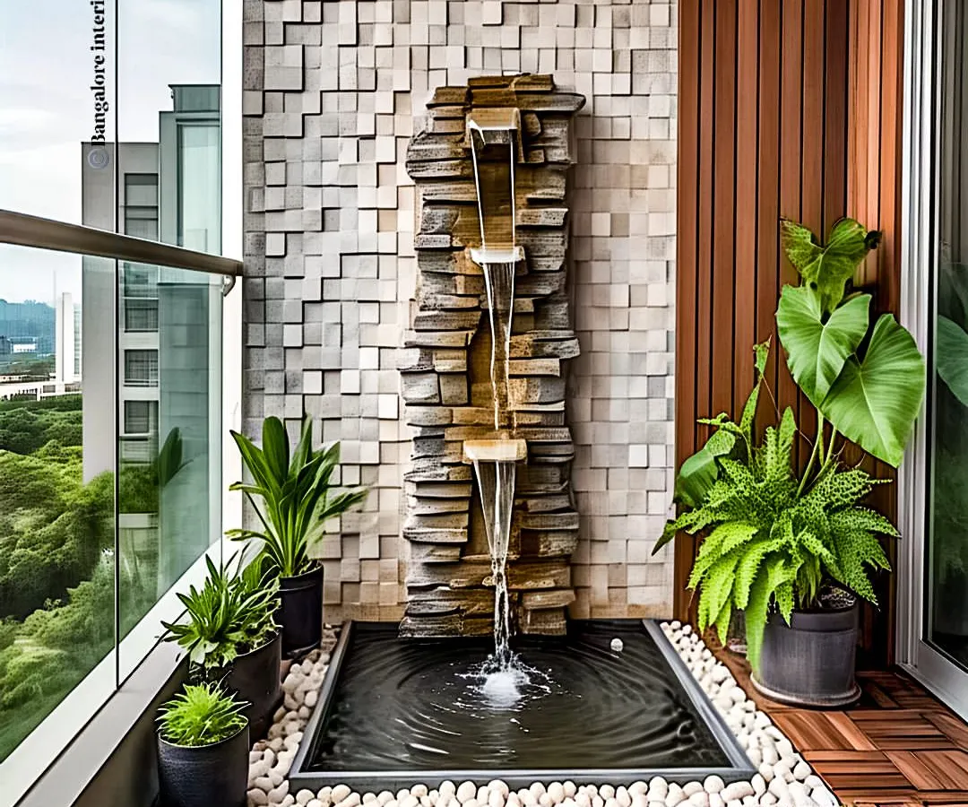 To create a truly tranquil atmosphere, I often incorporate water features. This design features a custom slate waterfall that provides a calming sound, surrounded by elegant wood-look deck tiles and a textured stone wall. It’s a perfect example of a Zen-inspired balcony that brings a sense of peace to your home.