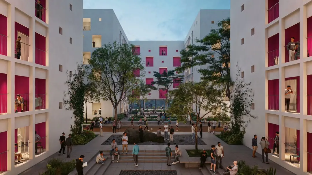 A render of the student hostels at Warangal University, designed as a vibrant community space. We envisioned the central courtyard as the heart of the hostel, a place for interaction, study, and relaxation, blending landscaping with social seating to create a dynamic environment for 4,300 students.