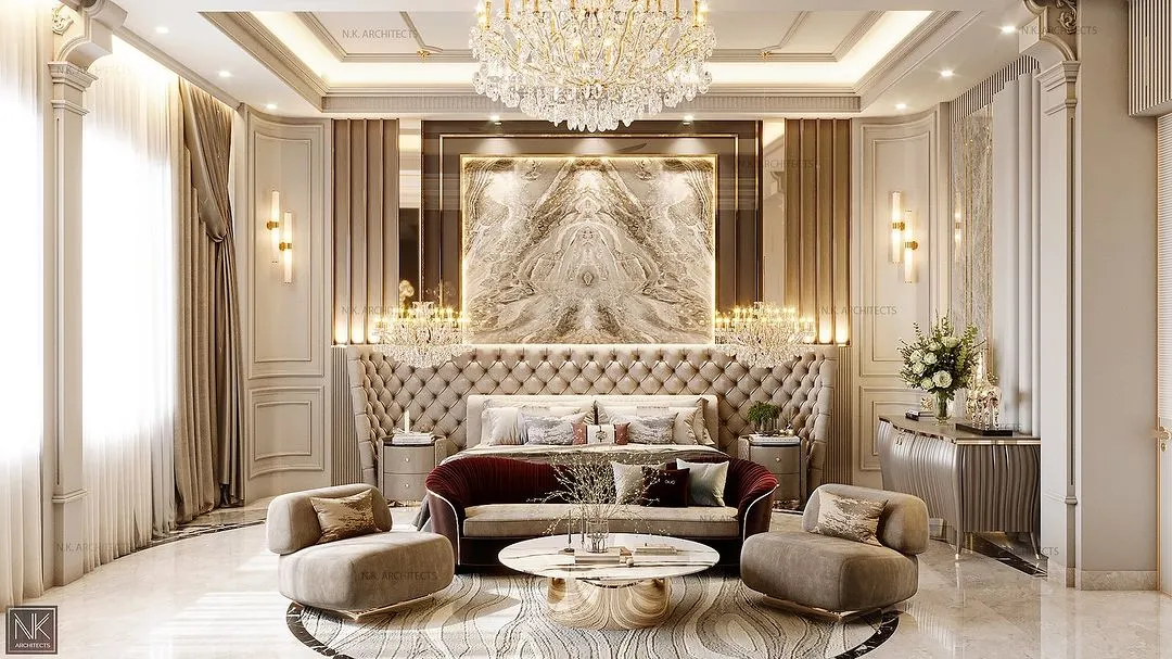 We believe a bedroom should be a sanctuary. For this master suite, we combined the timeless elegance of Neoclassical design with modern comforts, using a polished marble back wall, plush fabrics, and warm golden accents to create a space that feels both grand and serene.