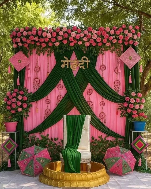 For a vibrant Mehandi function, I created this beautiful outdoor setup. It features a bright pink and green drape backdrop, the bride's name in Hindi, traditional Rajasthani umbrellas, and dreamcatchers for a fun, folk-inspired look.