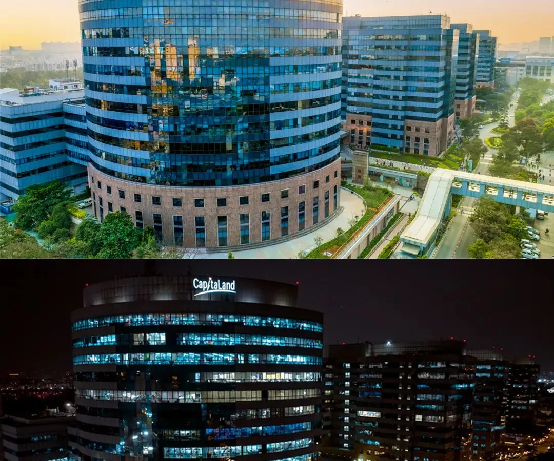 A day and night comparison of the Capitaland ITPL Tech Park. This shot showcases our capability to deliver high-quality aerials in different lighting conditions, providing a complete picture of the property.
