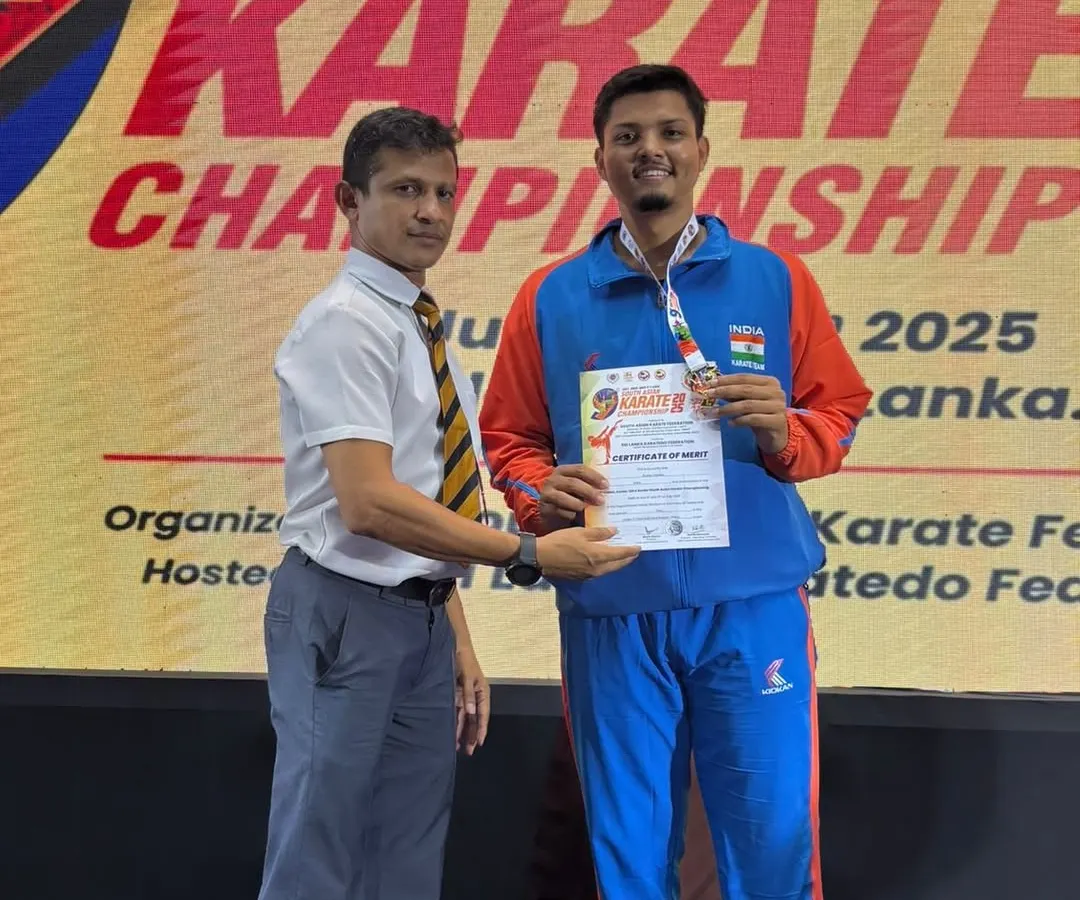 A proud moment for the academy. Our student Jitendra Kumar stands with his Gold Medal at the 9th South Asian Karate Championship in Colombo, Sri Lanka, after winning the +84kg U21 category.