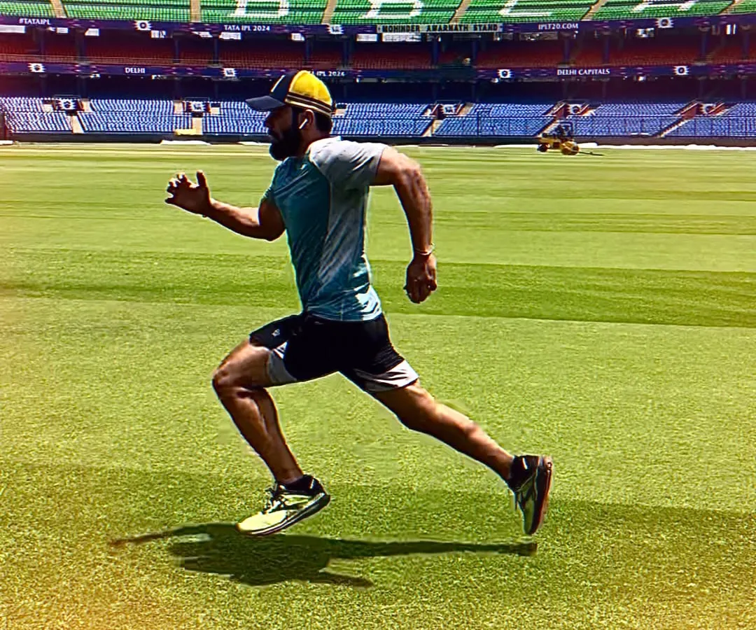 Running with purpose at the Arun Jaitley Stadium. Speed is a critical component of cricket, and my programs are designed to improve your acceleration, sprint mechanics, and endurance, making you a formidable presence on the pitch.