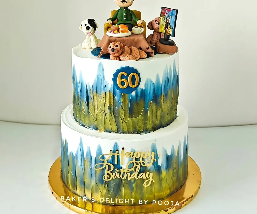 For a 60th milestone birthday, I was asked to create a cake that told a life story. This two-tier design features a handcrafted fondant figure of the birthday dad enjoying his favorite things: chai, his puppies, action movies, and even Misal Pav.