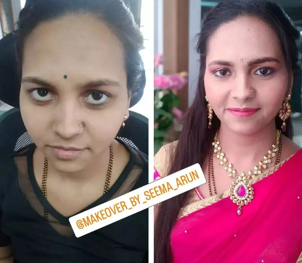 This is a festive makeover I did for my client Sanjana. The 'before and after' shows how I use makeup to enhance natural features, creating a bright, camera-ready look with soft pink eyeshadow and a matching lip color perfect for any celebration.