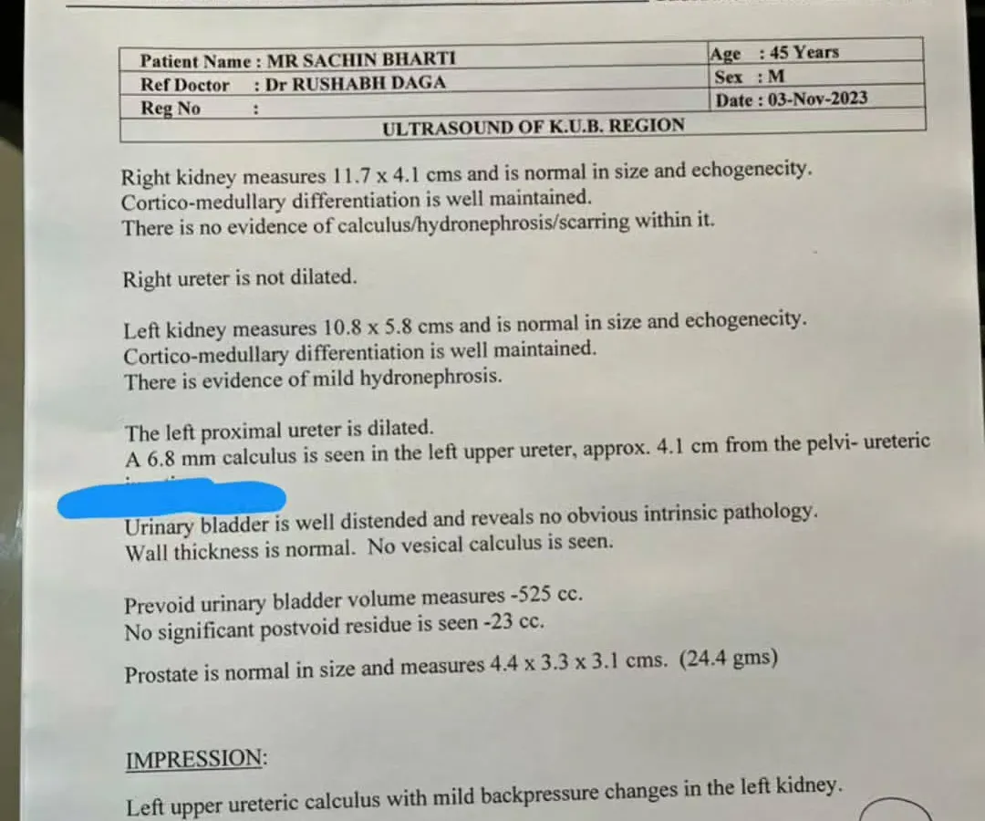 This is the "before" report. A patient's ultrasound from November 2023 clearly shows a 6.8 mm kidney stone, which was causing him extreme pain. This is the clinical starting point of our treatment journey.