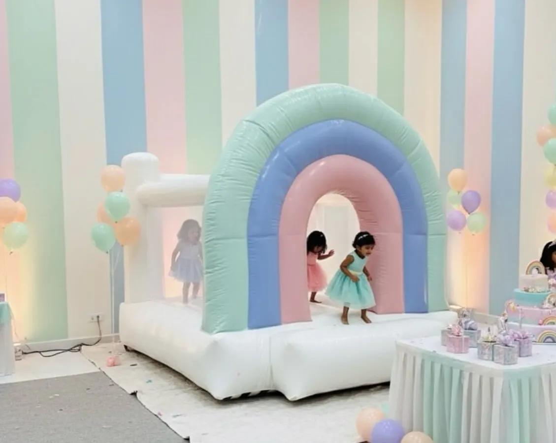 My pastel rainbow arch bouncer set up indoors for a toddler's birthday. This is a popular choice for themed parties and creates great photo opportunities.