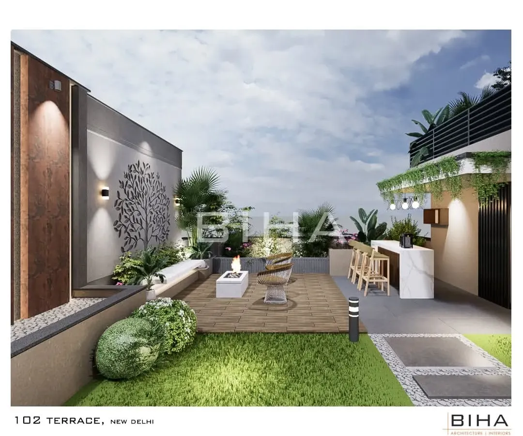 Our design proposal for a New Delhi terrace, featuring a central fire pit for warmth and ambiance. The space is zoned with a custom bar, comfortable seating, and a striking metal art piece, demonstrating our ability to blend functional design with artistic elements.