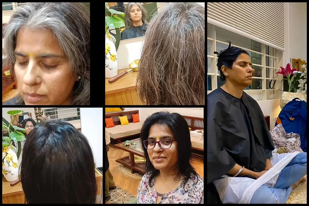 Here you can see the beautiful transformation achieved with my plant-based Ayurvedic hair colour. I provide a safe and healthy way to cover greys, resulting in hair that is not only beautifully coloured but also feels nourished and strong, without any harsh chemicals.