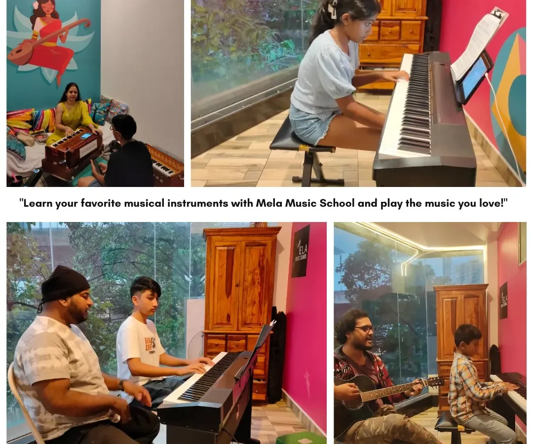 My studio is a place to explore all kinds of music. This collage shows students in their one on one lessons, learning everything from Indian classical on the harmonium to contemporary piano and guitar.