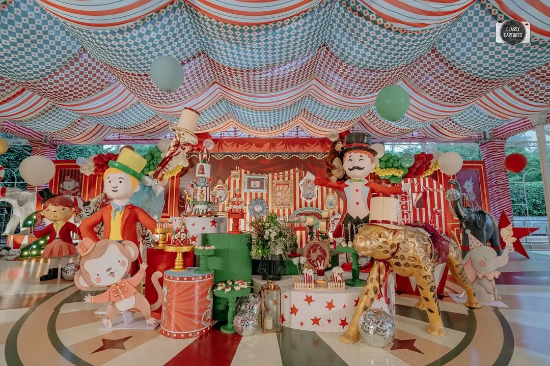 Welcome to the grandest show on earth. This wide view of the 'Cirque Royale' birthday party showcases the scale of my themed events, with dozens of custom-built props, a vibrant color palette, and a fully realized circus world designed to spark wonder and joy.