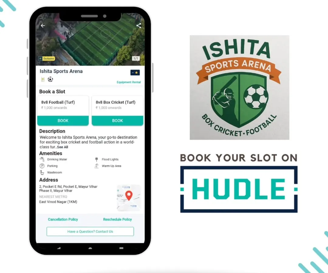We've made booking your game even easier. You can now find Ishita Sports Arena on the Hudle app to book your slot for 8v8 box cricket or 8v8 football. This graphic shows our listing on the app, where you can see available times, pricing, and amenities like parking and floodlights. Just search for us on Hudle to reserve the turf for your next match in Mayur Vihar.