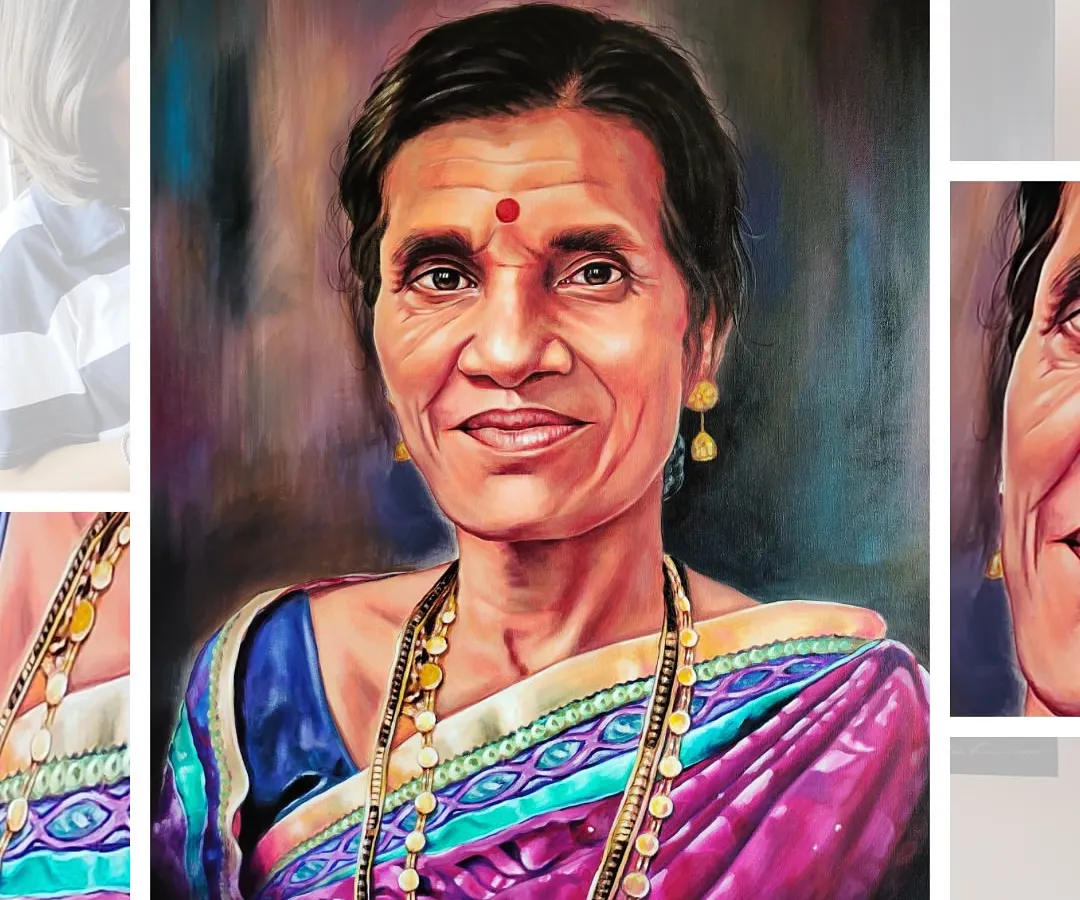 A close-up of a finished 24" x 30" acrylic portrait. I focused on capturing the warmth in her eyes and the gentle smile. The details in her saree and the traditional gold jewelry were painted with many layers to give them a realistic, textured feel.